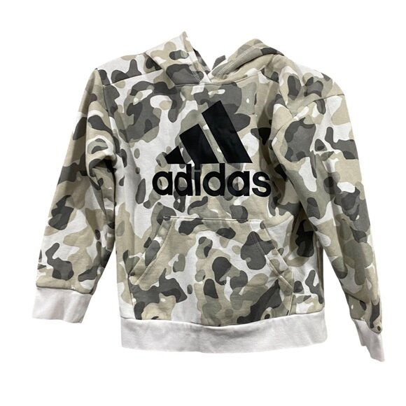 adidas Boys Small (8) Camo Logo Hoodie — Gray/Khaki, Back-to-School Cozy - Picture 1 of 4